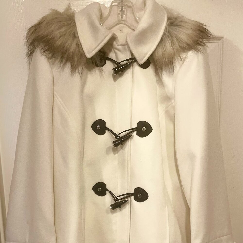 NWOT CALVIN KLEIN White Brown DUFFLE COAT TOGGLE ZIP Removeable FUR HOOD XL!